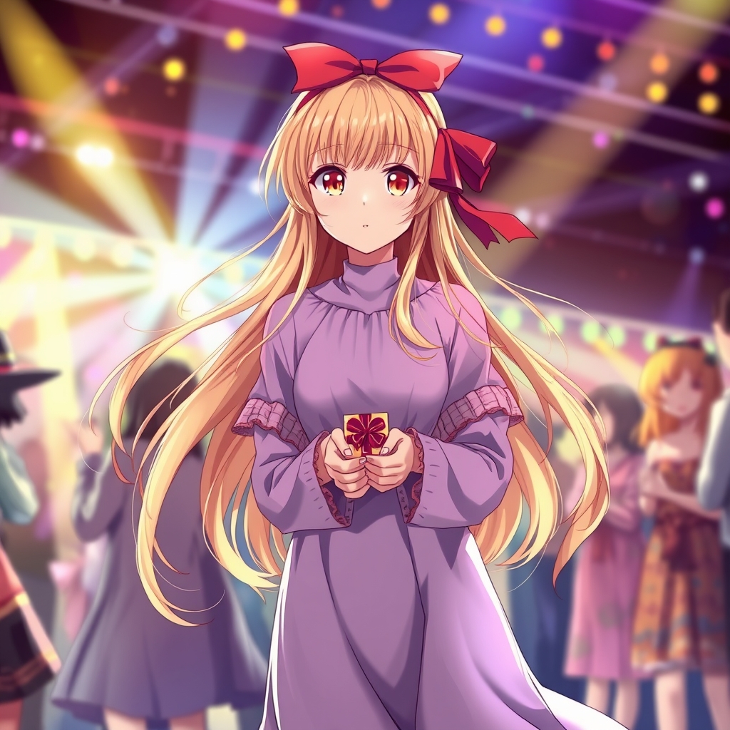 یک دختر بسیار زیبا که چشمانش طلایی است‌و موهایی زیبا و باز طلایی که لباسی یاسی دارد و بر سر شونه هایش پشمی باشد و یک روبان قرمز به صورت پاپیون روی موهایش باشد 
و در پارتی باشد که همه دور و برش هستند و رقص نور هم هست 
و یک کادو هم در دستش باشد 3