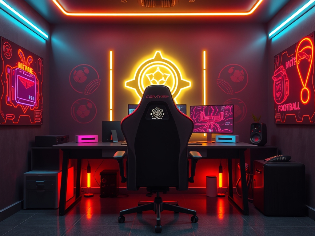 سلام یه عکس بده بهم که فقط یه اتاق گیمینگ خیلی شیک باشه زاویه دوربین از پشت میز و یک صندلی گیمینگ خوشگل هم پشت میز صاف وجود داشته باشه بدونه  اینکه هیچ کسی پشت میز نشسته باشه صندلی به سمت دوربین باشه و تابلو های نئون گیمینگ وجود داشته باشه و تابلو های ماشینی و فوتبالی هم باشه که نور طلایی رمانتیک خوشگل به تابلو های ماشینی و فوتبالی تا بیده باشه میز هم به سمت دوربین باشه0