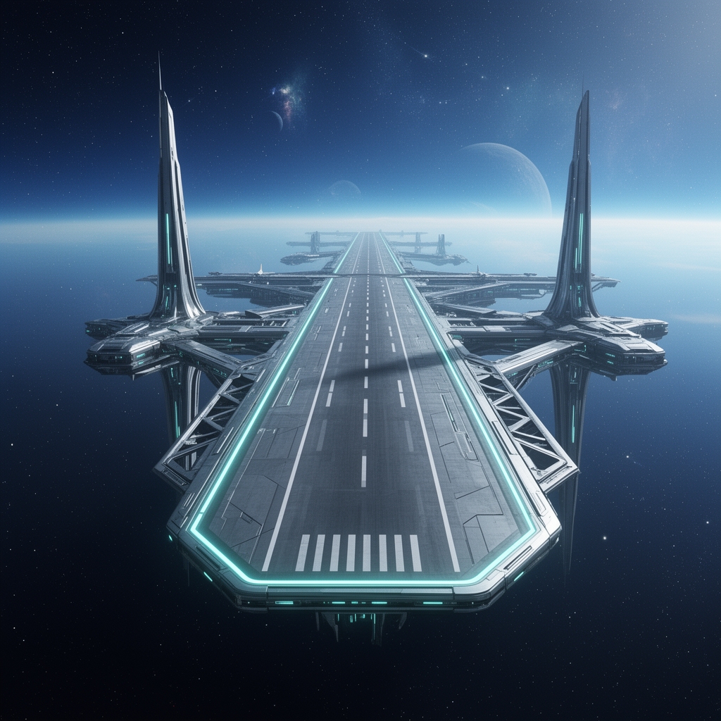 یک فرودگاه آهنی فضایی معلق در فضا با باند فروددراز وساختمان های پشتیبانی با نمای آسمانی4