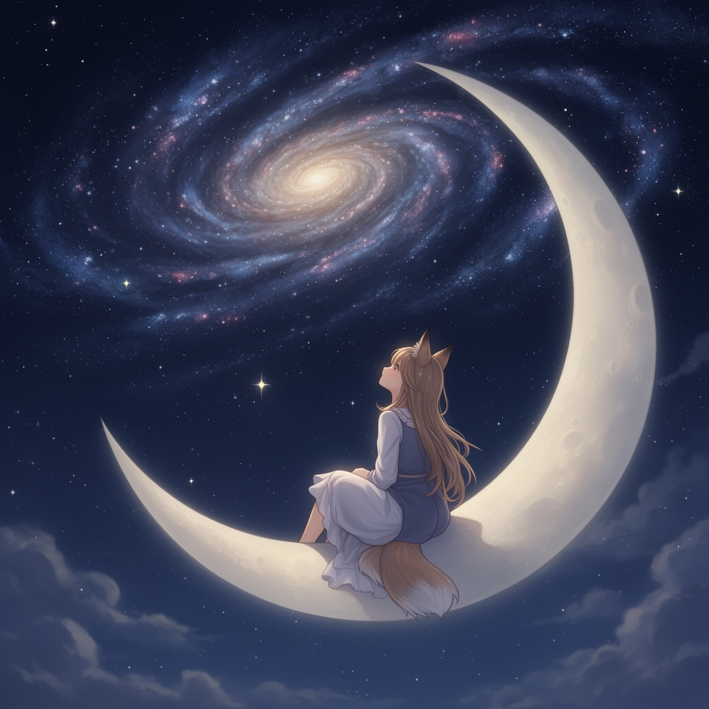 عکس یک دختر با گوش های روباه  در تاریکی تنهایی شب روی حلال ماه نشسته و به کهکشان ها خیره شده انیمه ای باشه3