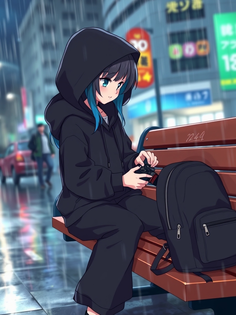 یه دختر خوشگل با هودی مشکی که هوا بارونی بود و اون دختر انیمهای بود و کلاً ۱۰ سالش بود و شب بود و روی یه نیمکت نشسته بود یه کوله پشتی خوشگل مشکی روی نیمکت بود و اونم روی نیمکت نشسته بود و داشت وربین عکاسی که تازه خریده بودو میذاشت داخل کوله پشتیش میذاشت موهای دخترم مشکی بود و پایینش آبی پررنگ بود و کلاه هودیشم روی سرش بود چون داشت بارون میزد و شلوار مشکی بگ تنش بود و توی کره بود0