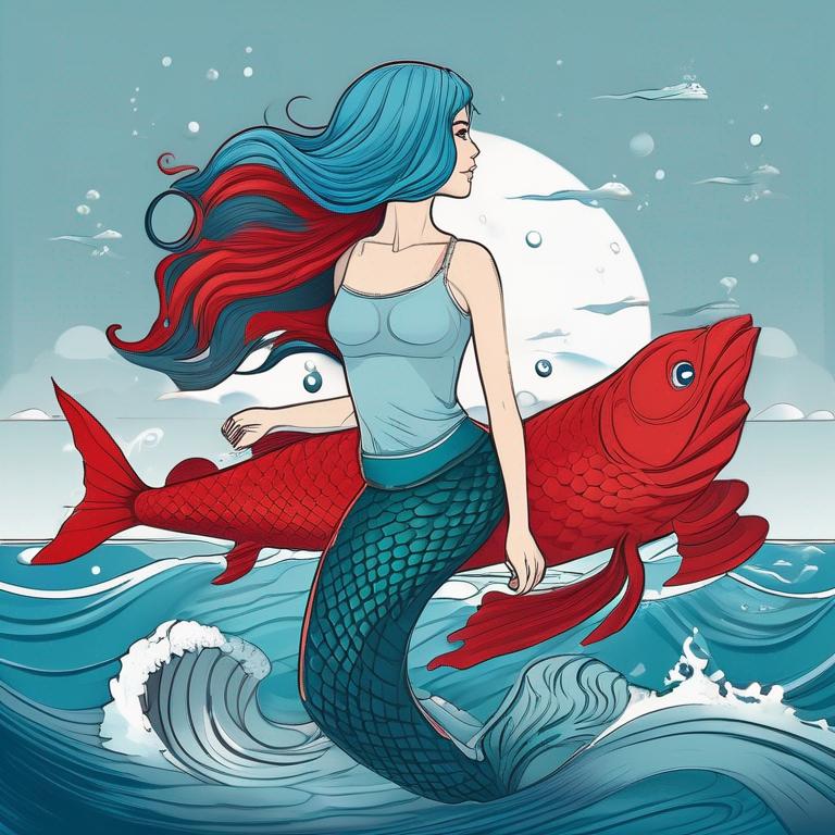 دختری با موهای آبی با دم پری دریایی در اقیانوس که قلبش را گرفته و سرگردون است با دمی قرمز و چشم های طوسی21