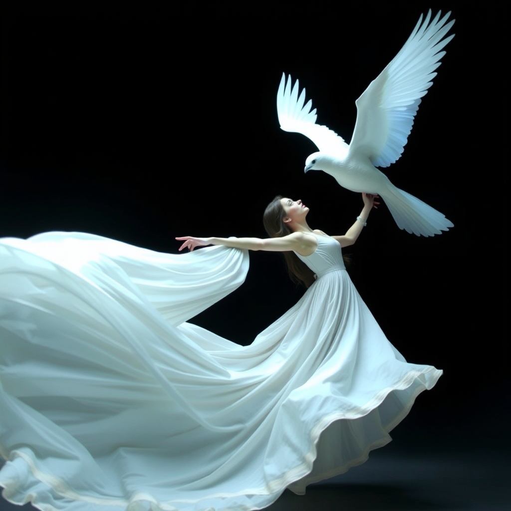 The image depicts a surreal scene with a woman in a flowing dress, her arms outstretched, reaching towards a white, ethereal bird. The background is dark, creating a stark contrast with the luminous bird and the woman's dress.1