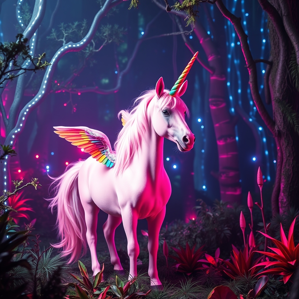 یک اسب صورتی بیخیال با با یالهای صورتی کمرنگ که تک شاخ است بالهایی به رنگ رنگین کمان دارد در جنگل سحرآمیز با پر از نورهای سفید و قرمز و صورتی و آبی و پوشش گیاهی عجیب و غریب است21