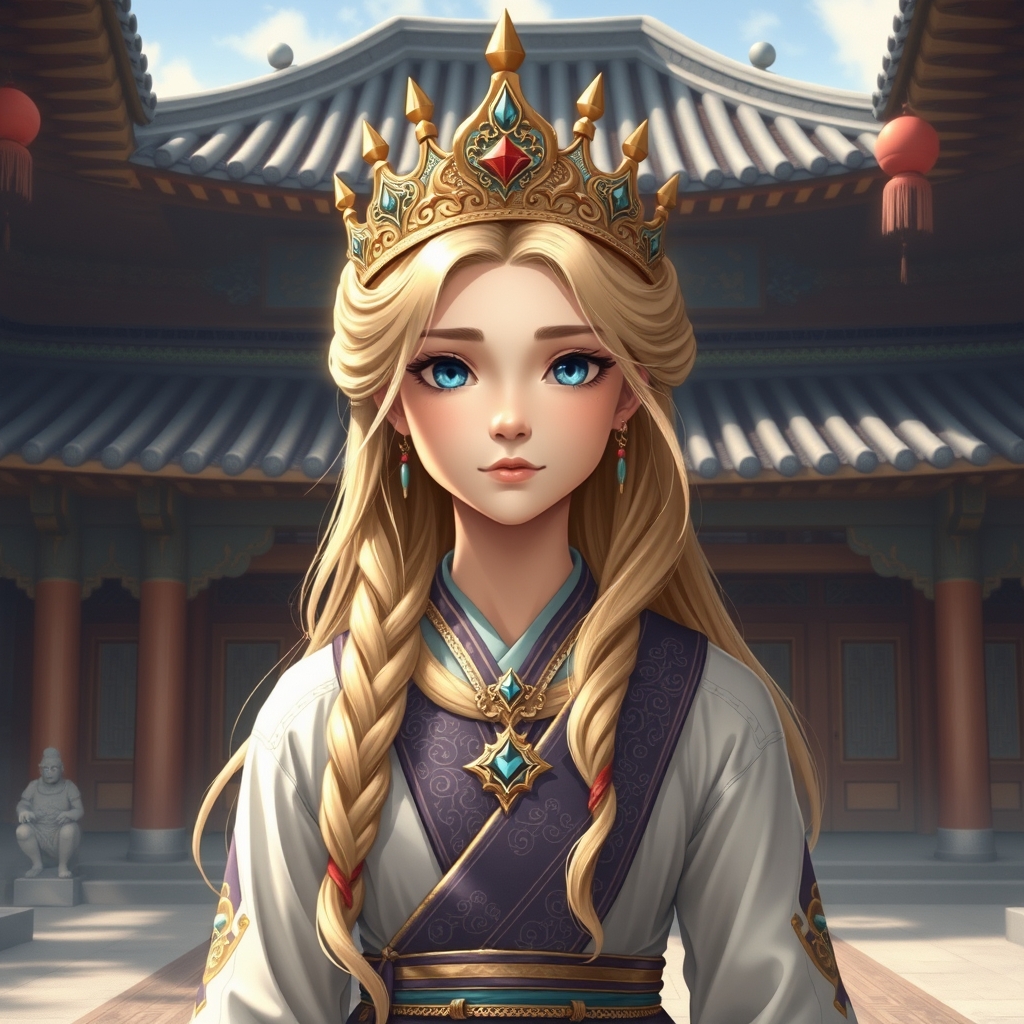 عکس پرنسس نوجوان با تاجی زیبا با موهای طلایی و چشمان آبی آسمانی در قصر کره با لباس  باستان ایران 4