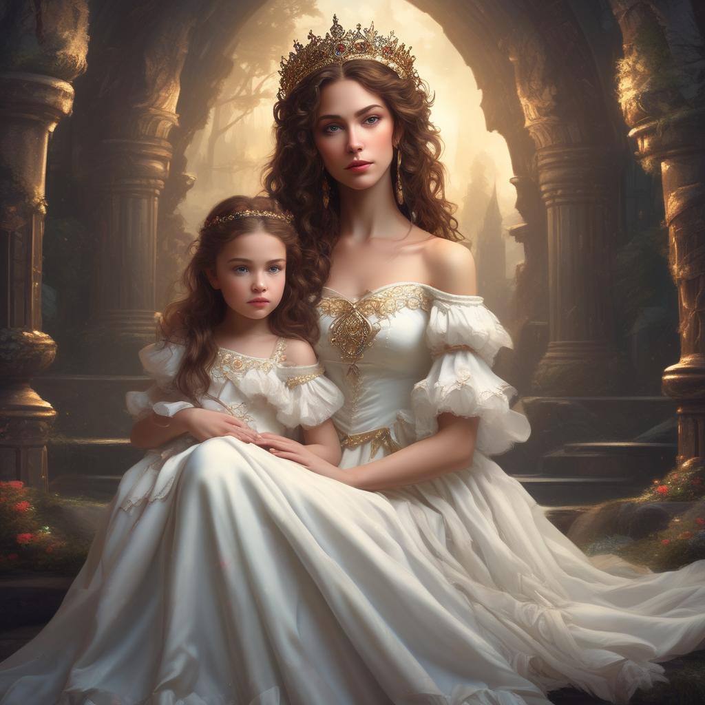 ملکه ی زیبا با موهای قهوه ای و لباس سفید با دخترش10