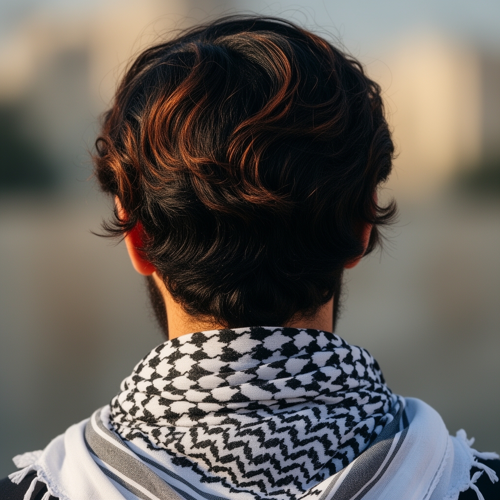 تصویر یک پسر بیست ساله با موهایی کمی حالت دار و مشکی مایل به خرمایی تا شونه و دارای ریش نه خیلی بلند و ایستاده و کاملا از پشت و شونه های بزرگی نداشته باشه و چفیه فلسطینی دور گردنش باشه و روز باشه 0