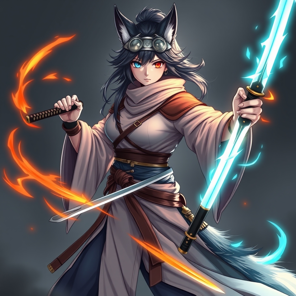 یه دختر انیمه ای  که گرگین باشد و لباساش هم جنگ جو یانه با خیلی باحال و خفن باشد و با دو شمشیر که یکی از شمشر ها قدرت آتش و اون یکی شمشیرش قدرت آب را داشته باشد و چشم چپش ابی و چشم راستش قرمز باشد12