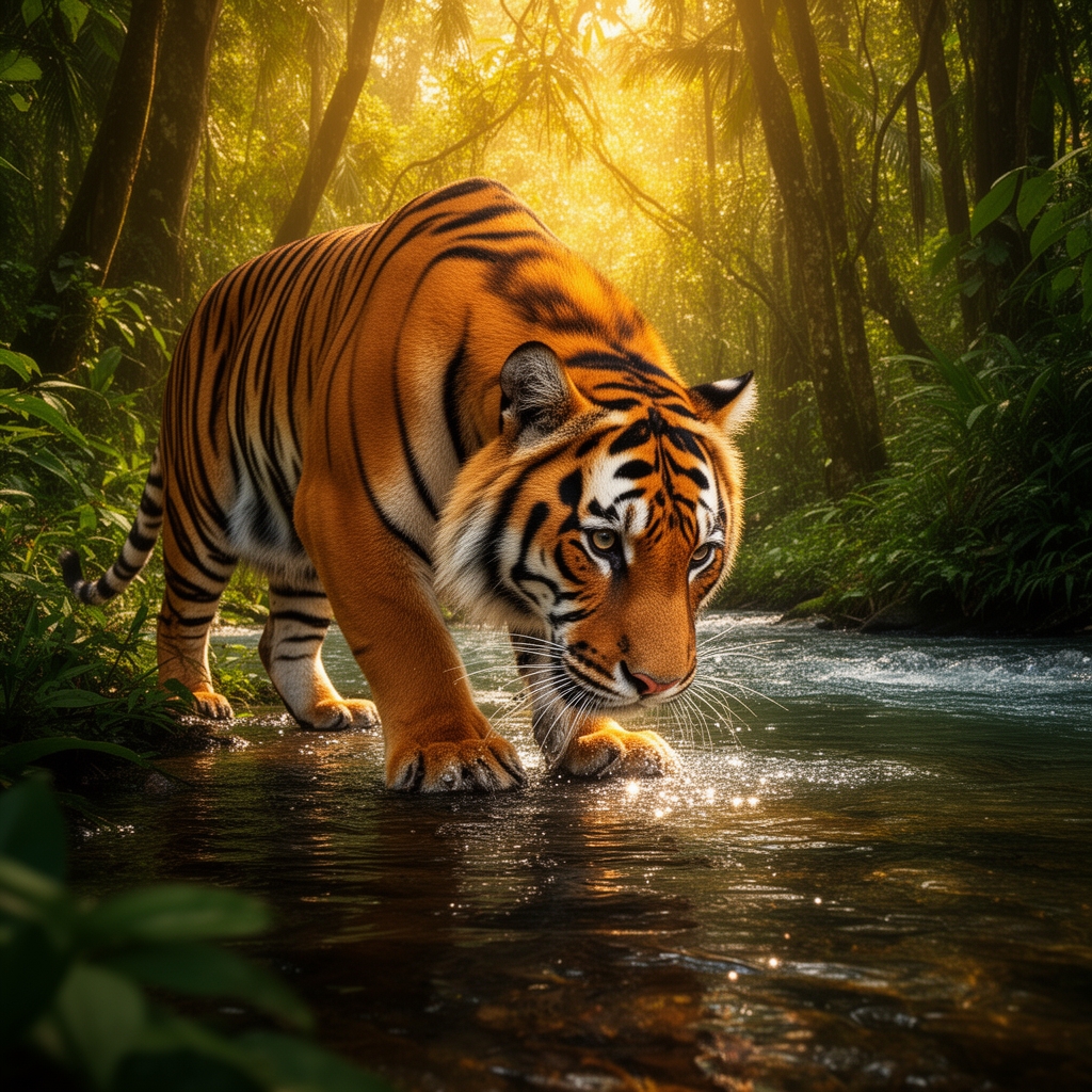 یک ببر بنگال با مو های پر پشت و عضلانی که در جنگلی است که در آن یک رودخانه وجود دارد وببر از آن آب می خورد1