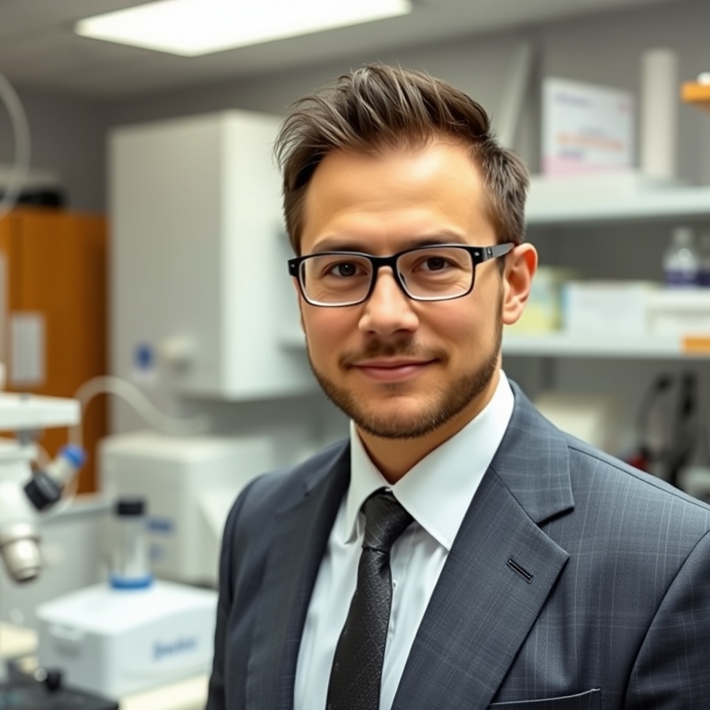 یک دانشمند با کت و شلوار و با پس زمینه ازمایشگاه زیست8