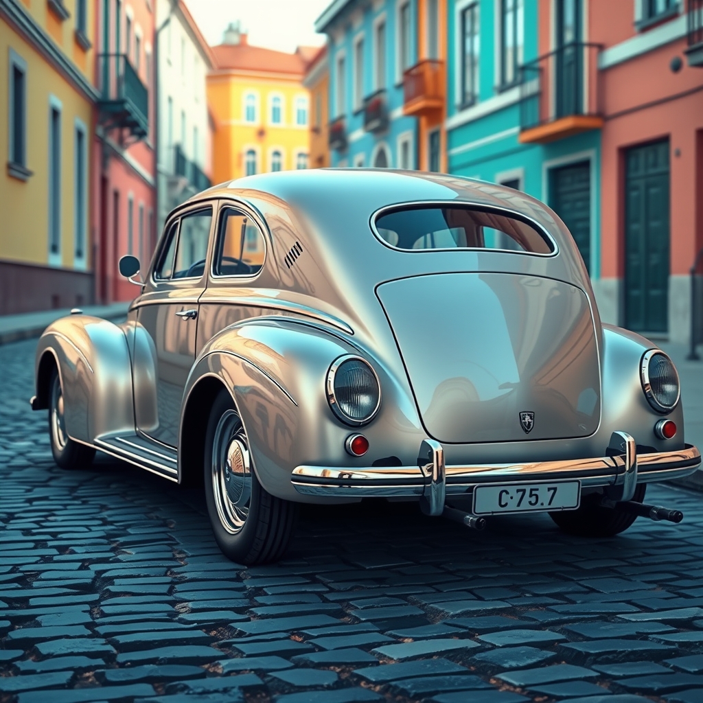 یک خودروی کلاسیک قدیمی با درخشش فلزی، پارکشده روی خیابانی سنگفرش.14