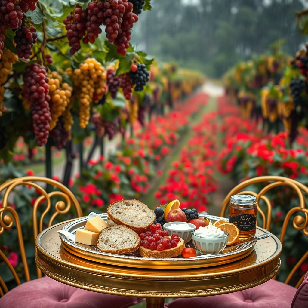 باغ بارانی پر خوشه های انگور در رنگ های سرخ زرد سفید سیاه زمین هم پر گل سرخ و خوشه انگور با یک میز طلایی و مبلمان تک نفره طلایی با کوسن های صورتی و سینی نقره پر نان کره خامه عسل میوه شیر4