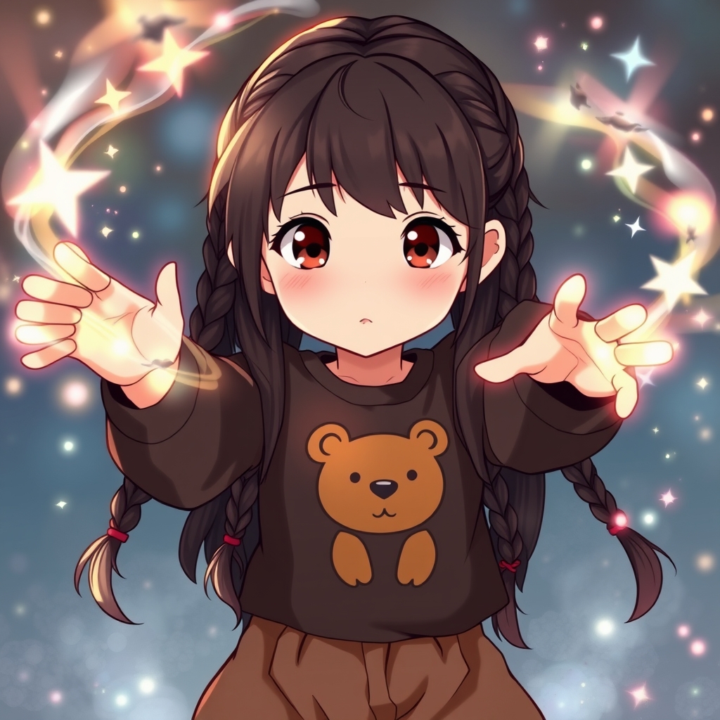 دختر8ساله با موهای مشکی بافته شده نسبتا بلند چشم قهوه ای پررنگ لب های صورتی ریز لباس مشکی ک رویش خرس قهوه ای است و شلوارش قهوه ای است و در حال اجرای جادو است0