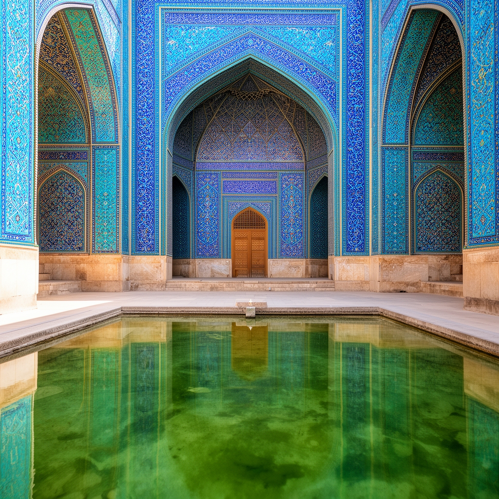نمای داخلی یک مسجد قدیمی ایرانی با کاشیکاریهای فیروزهای و لاجوردی خیرهکننده، انعکاس تصویر در حوض آب وسط حیاط، معماری دقیق.1