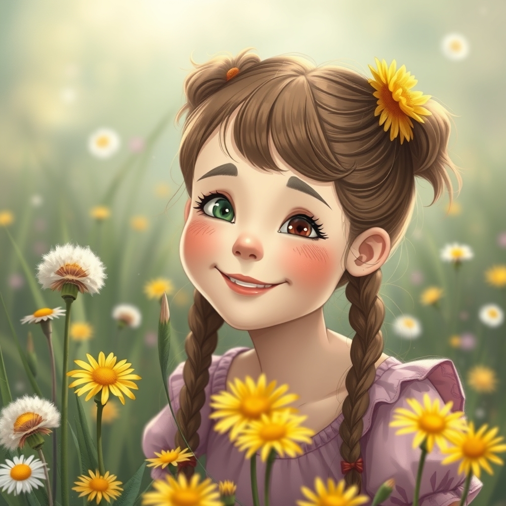 عکس یک دختر مهربان و شاد با مزه توی دشت با گل های قاصدک21