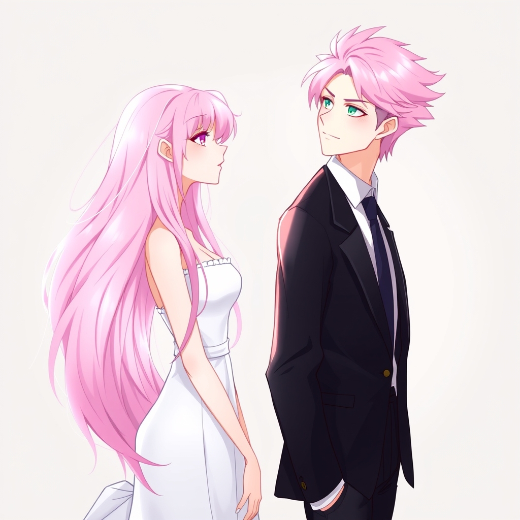  دختر بسیار زیبا با موهای صورتی و بلند و با لباس سفید و مردی بسیار زیبا  با مو های صورتی و کت و شلوار مشکی  و هر دو در حال نگاه به همدیگر هستند
20