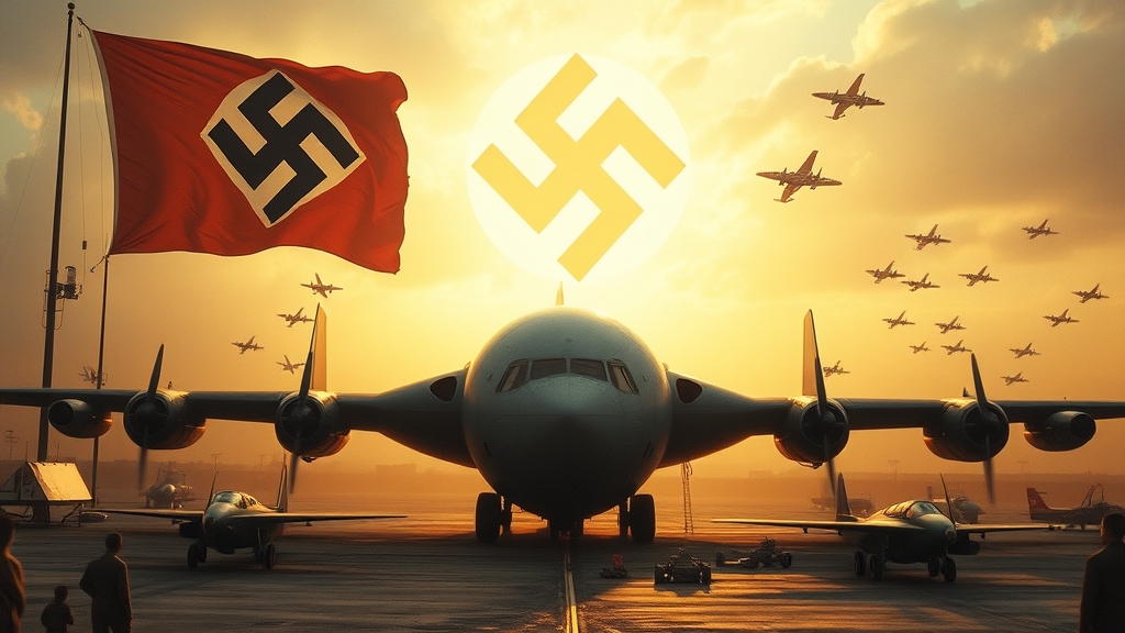 یک بمب اتم با ابعاد ۴ متری و تولید شده در آلمان نازی در سال ۱۹۶۰ در یک پایگاه ارتشی (که در آن بمب افکن مخصوص بمب به همراه جت های جنگی و پرچم نازی ها قرار گرفته است) با جزئیات بسیار بالا 14