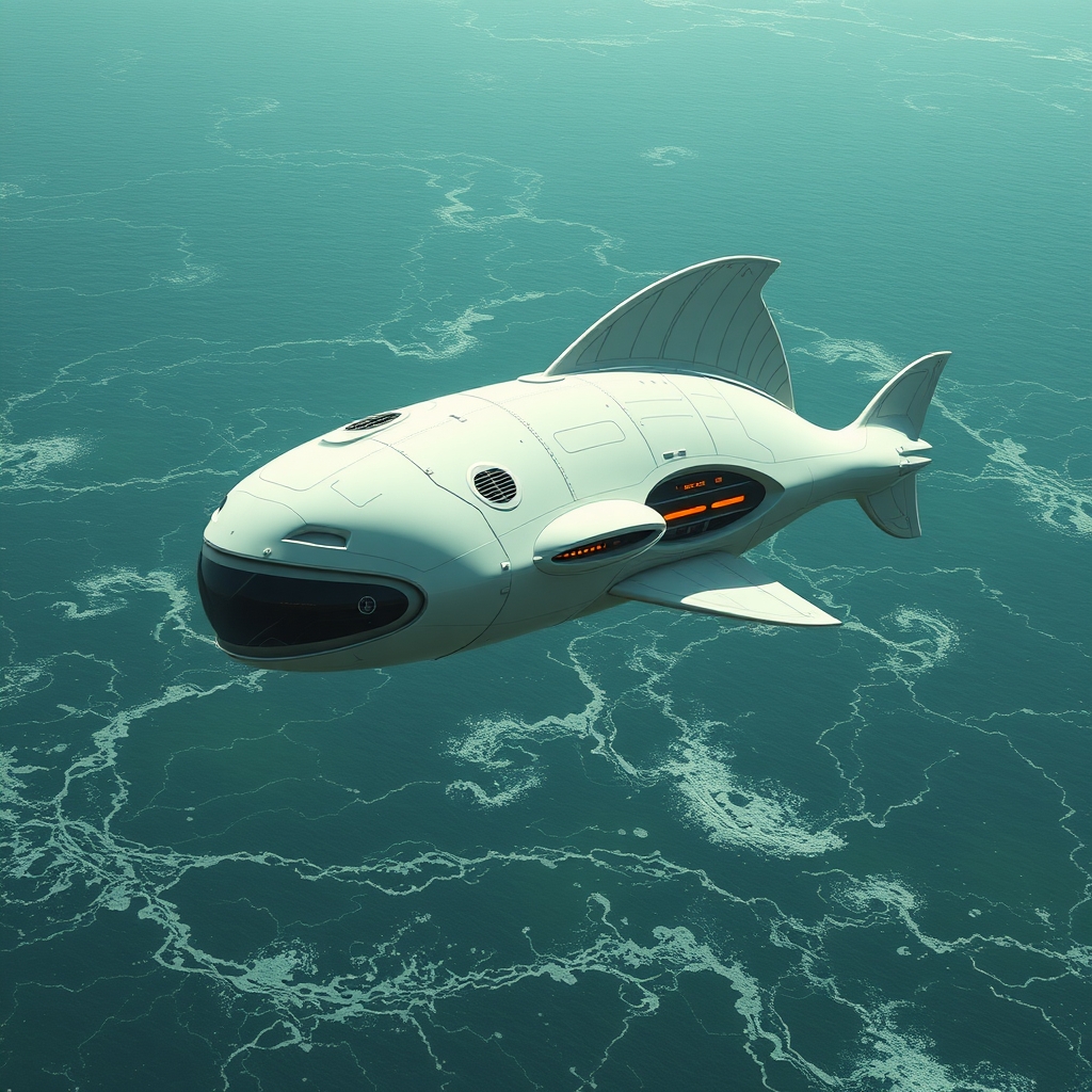 یک سفینه فضایی آینده‌نگر به شکل موجود دریایی، در حال پرواز بر فراز یک اقیانوس بیگانه.0