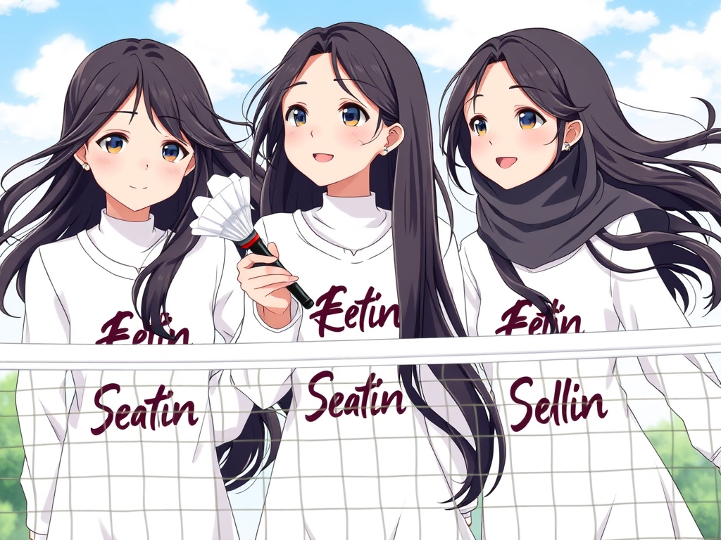 ستین،سوین وسلین سه خواهر سه قلو هستند و موهای بلند و مشکی‌ دارند و هر کدام نام خود را با خطوط زیبا روی لباس دارند setin و sevin و selin و هر سه تاشون لبخندی ملایم دارند با و موهایشان در نسیم به‌آرامی تکان می‌خورد و در حال بدمينتون بازی کردن هستند و پشت تور ایستاده اند و توپ بدمينتون را به به سمت یکدیگر پرتاب می کنند و هر سه تاشون لباس سفید پوشیده اند 1