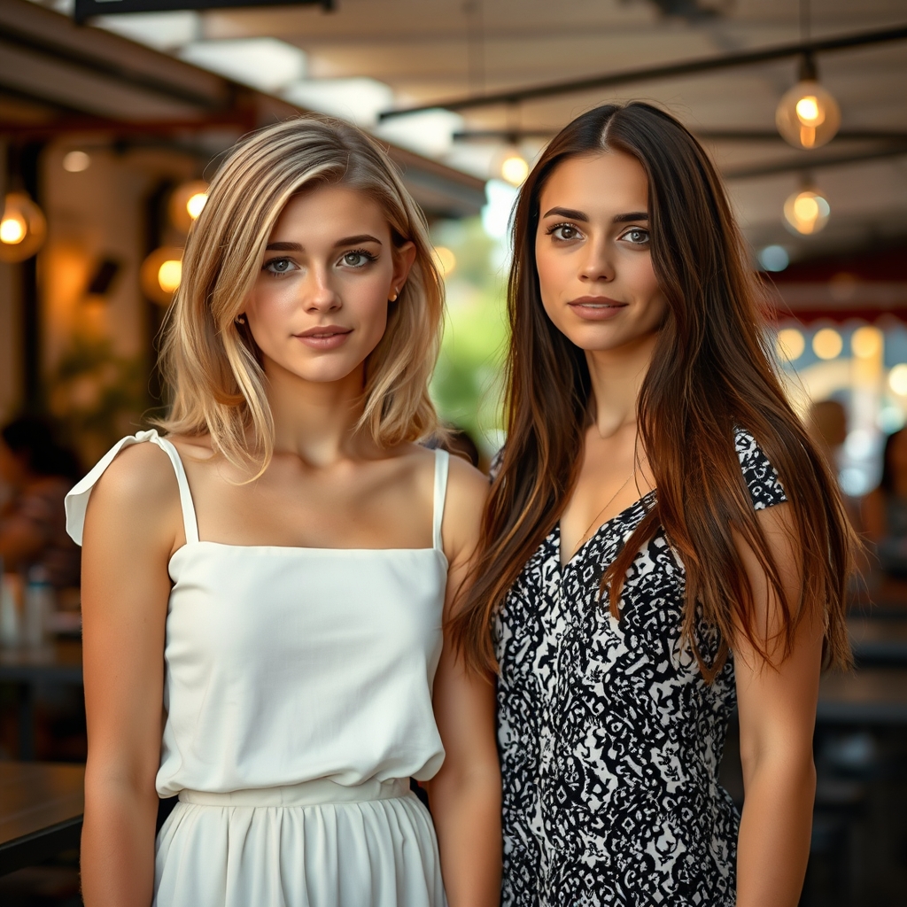 دختری با موی بلوند متوسط بلند و دوستش با موی قهوی خیلی بلند و دختر مو بلوند با لباس سفید و دوستش با لباس سیاه و سفید
14