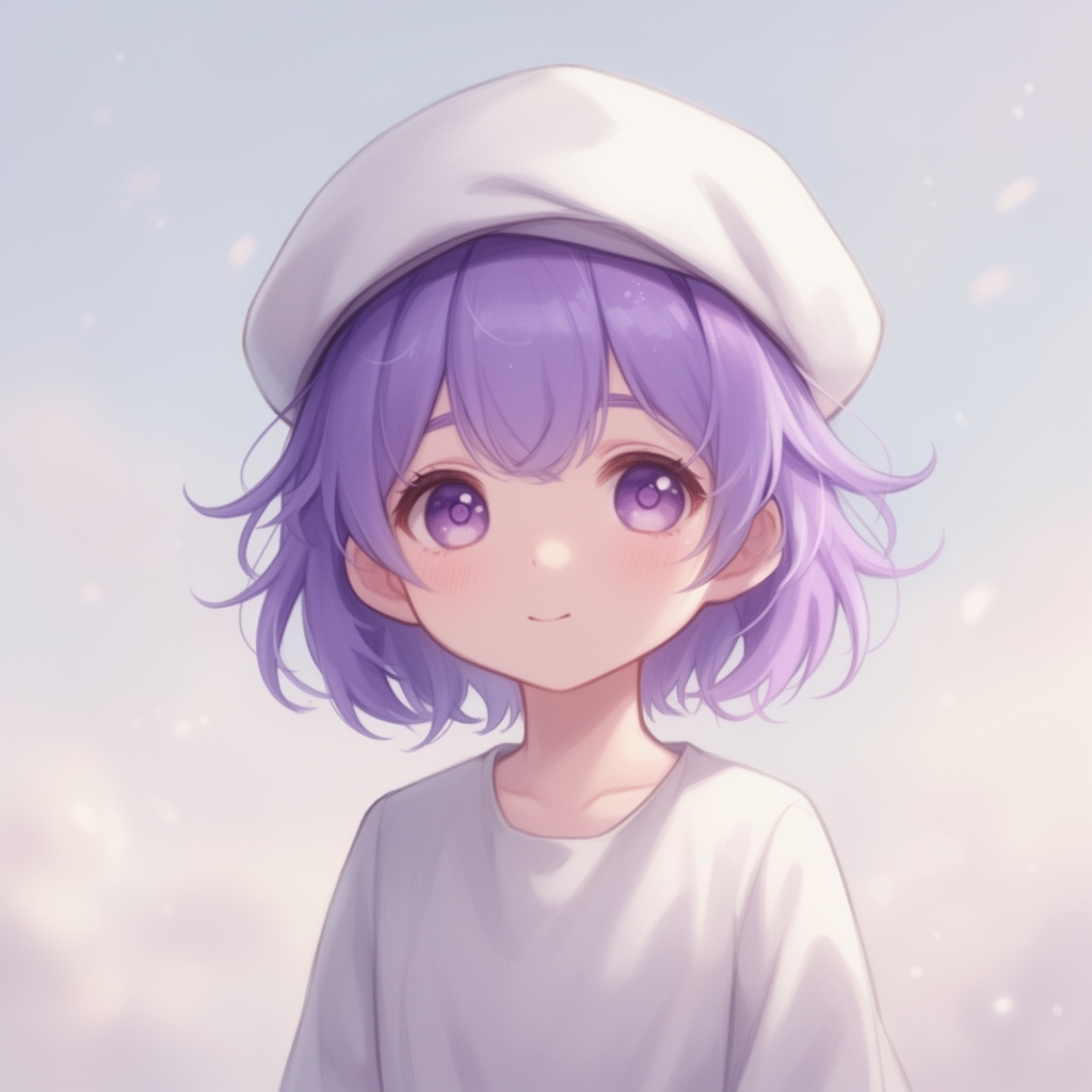 یک دختر کیوت که کلاهی روی سرش است که مو های چتری آن دختر از کلاه بیرون آمده و بقیه ی مو ها داخل کلاه هستند کلاه به رنگ سفید و مو ها و چشم ها به رنگ بنفش هستند0