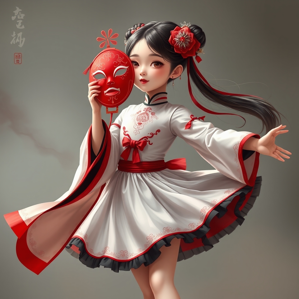 یک دختر چینی زیبا با لباس سفید و قرمز و سیاه که داره رقم باله را انجام می ده و یک ماسک چینی قرمز در دهانش است4