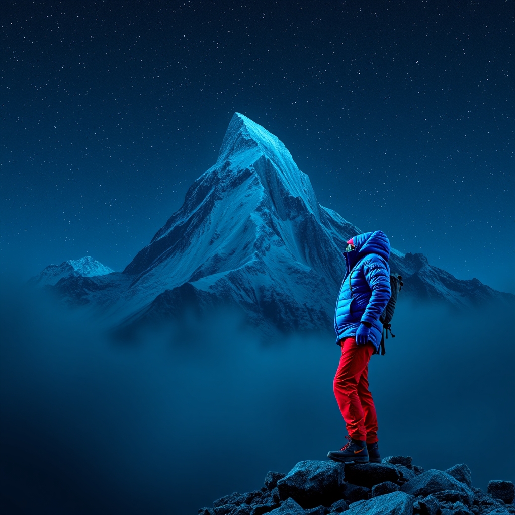 یک کوه باشب پرستاره یک کوه. نوردبالباس آبی و شلوار آن قرمز 2