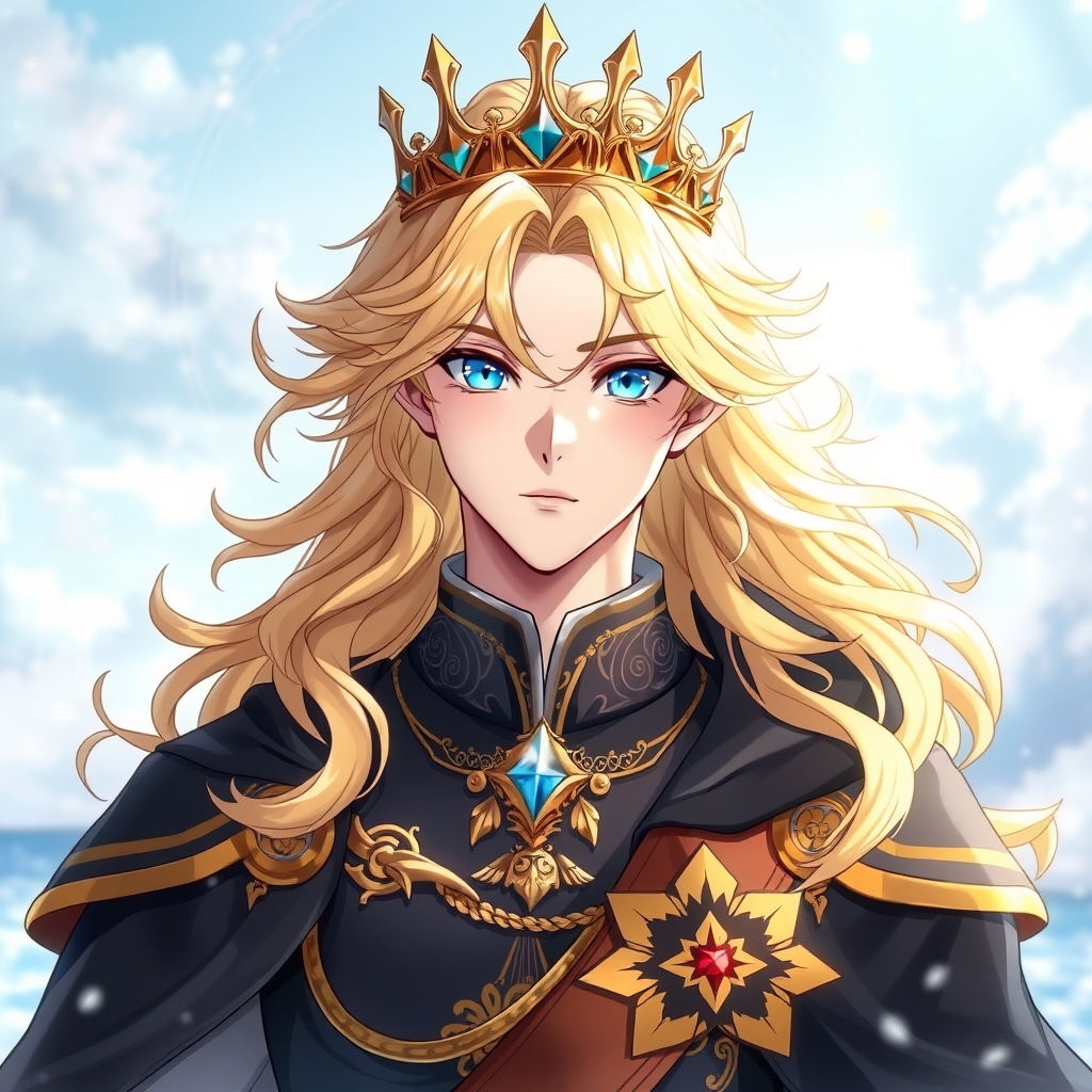 زیباترین مرد جوان در جهان حتی در رویایی که شکوه خدا را داشته باشد که نظیر آن در دنیا نباشد که همه بهش سجده کنند با موهای طلایی رنگ حالت دار موج دار براق و درخشنده با چشمانی کریستالی آبی رنگ که در مردمکش زیباترین دریا واقع شده است و با لباس سلطنتی مشکی طلایی رنگ براق جذاب و با تاج طلایی برسر در جای رویایی تر از رویایی 3