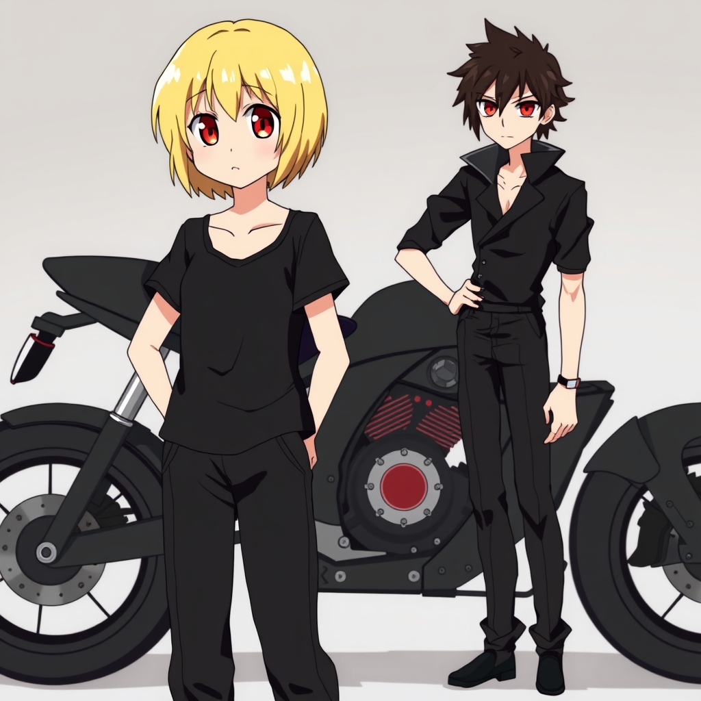 دختری با موها بور چشمای قرمز درشت با تیشرت گنگ و شلوار که تهش کش داشته باش کنار یک موتورسیکلت وایستاده موتور سیاه قرمز سفید باشد خیللللییییی گنگ باشه در کنار پسری با تیپ سیاه و چشمان قرمز و موهای سیاه خوشتیپ 12