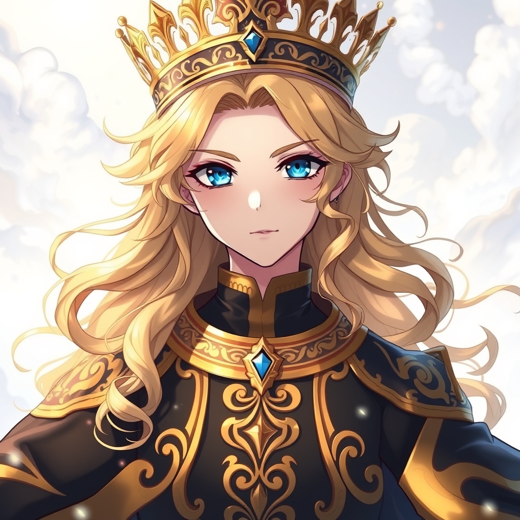 مرد جوان با موهای طلایی رنگ براق اکلیری حالت دار موجدار وبا چشمانی آبی رنگ کریستالی ولباس سلطنتی مشکی طلایی اکلیری رویایی برتن داشته باشد و تاجی از طلا بر سر رویایی تر از رویایی5