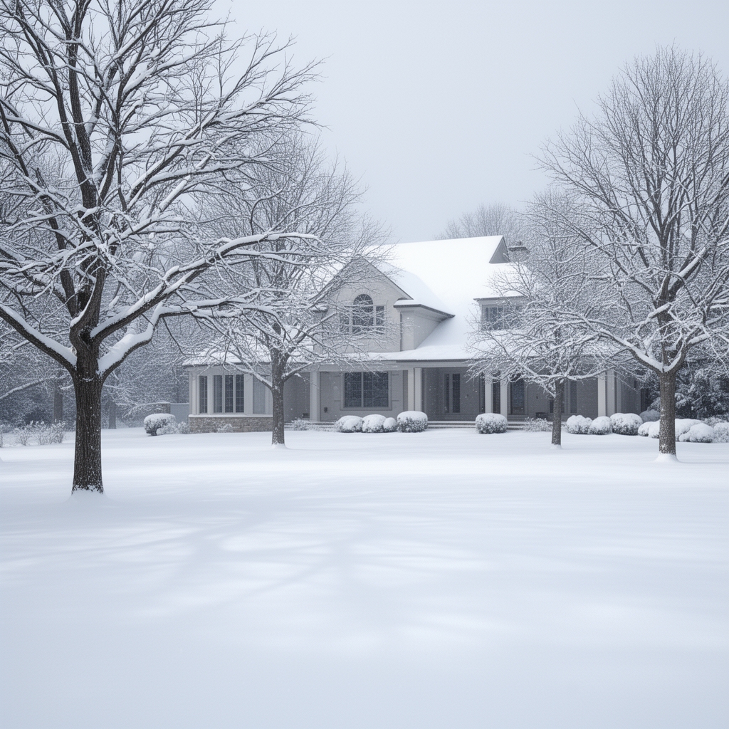 زمستان سرد در یک خانه ی بزرگ با  چندتارخت کلی برف آمده و همه جا سفید است در حیاط واقع گرایانه 5