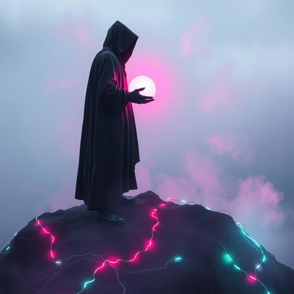 یک شبح مرموز از فردی که یک کره درخشان در دست دارد، ایستاده روی تپه‌ای مه‌آلود.1