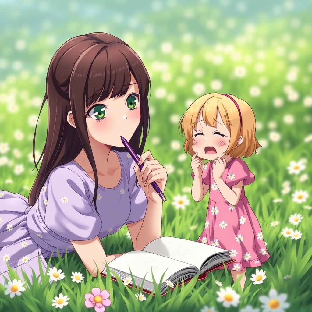 دختری زیبا با قدی بلند و موهای قهوه ای تیره و صاف و چشمانی سبز با پیراهنی یاسی با گل های ریز بابونه که رو به شکم روی چمن ها دراز کشیده و خودکار بنفشی را در دهان کرده اخم کرده و دارد فکر می کنید و دفتر هم رو به رویش روی زمین است و دختری کوچک تر با موهای طلایی فر و کوتاه با لباسی صورتی با گل های ریز بابونه و چشمانی سبز ایستاده و دارد گریه میکند و داد میزند چون حوصله اش سر رفته
15