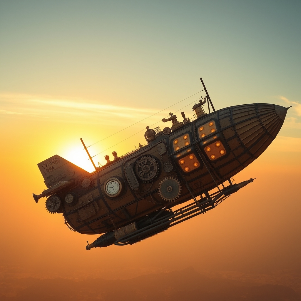 یک کشتی هوایی استیمپانک با چرخدندهها و لولهها، در حال پرواز در غروب طلایی.22