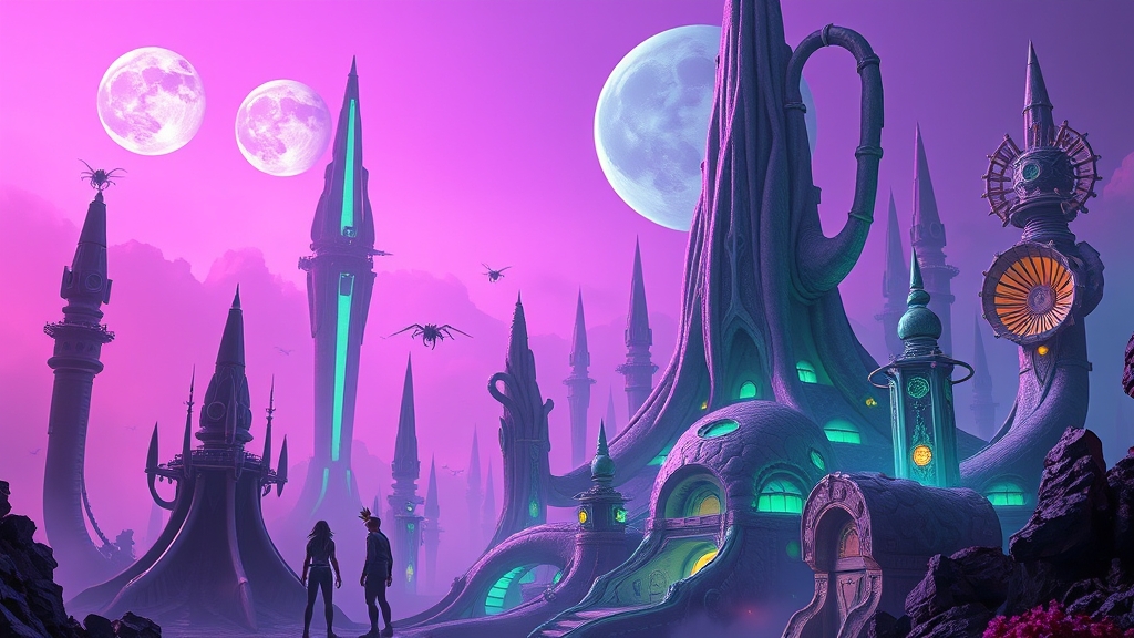 A bizarre, futuristic city on an alien planet. Organic and biomechanical architecture with tall, twisting structures resembling giant bones and seashells. Surreal color palette with neon glowing in phosphorescent purple, jade green, and gold. Mysterious, misty atmosphere with two strange moons in a violet sky. Luminescent creatures flying between the towers. Sci-fi concept art style, hyper-detailed, cinematic lighting, 8K resolution.1