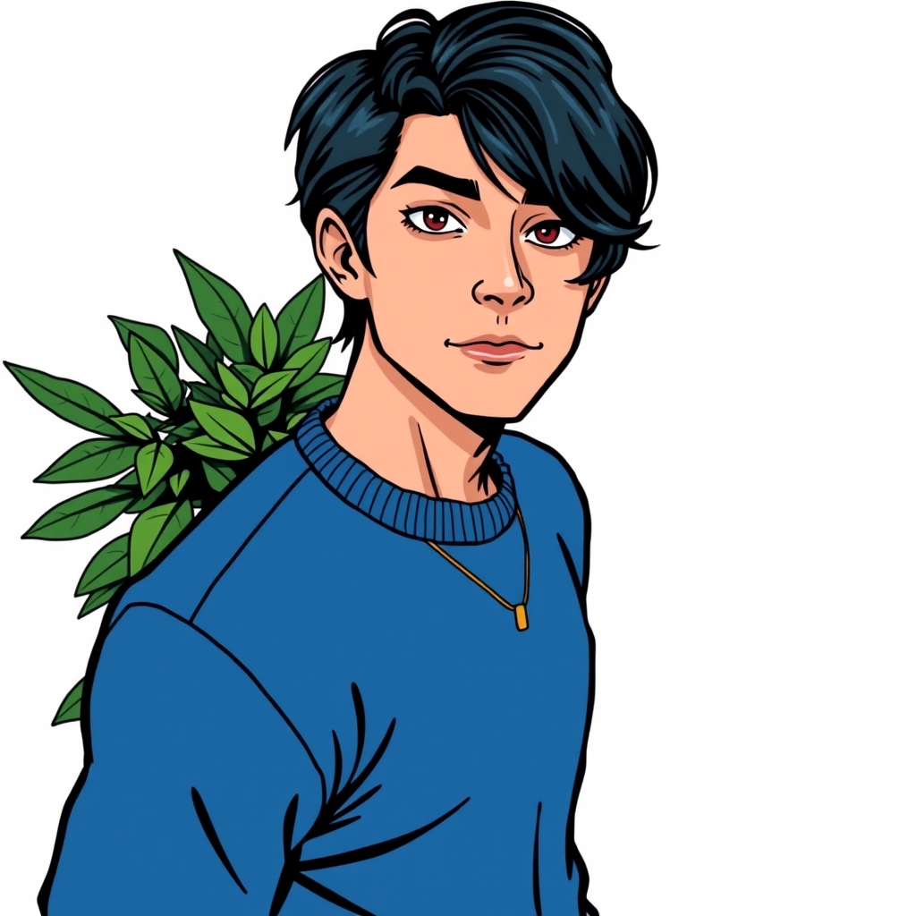 The image shows a person wearing a blue sweater and a necklace, standing in front of a green plant against a white background. The person has dark hair and is looking directly at the camera.1