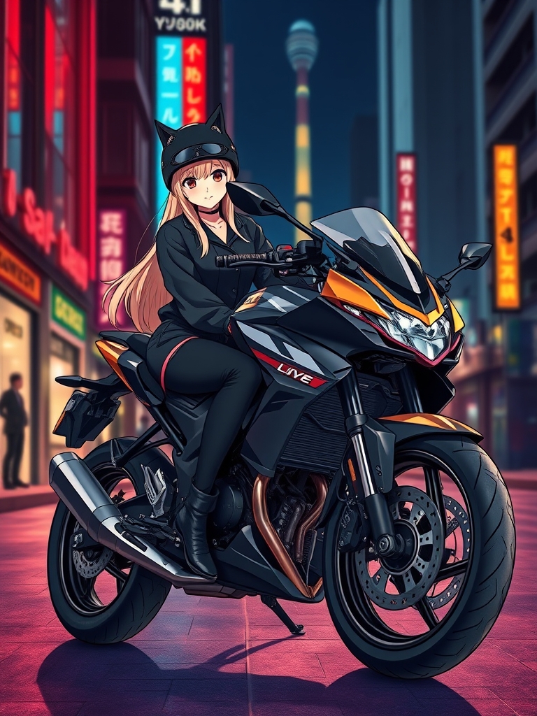 یه موتور سیکلت مدل بالا با یه دختر مو بلند طلایی و چشمای عسلی و روی موتور کاپشن چرم کوتاه پوشیده موتوری و شلوار مشکی جذب و نیم بوت مشکی و کلاکاسکت مشکی با گوش های گربه ای20