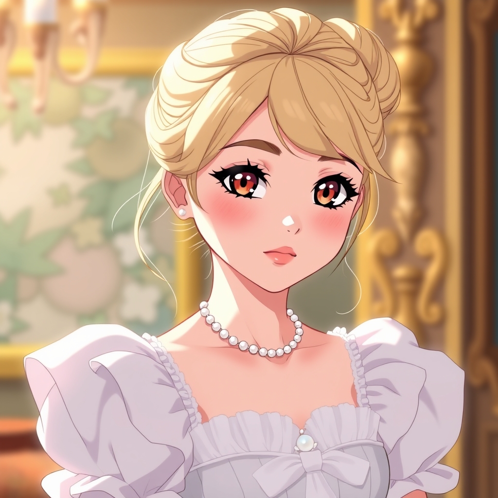 دختر ۱۸ ساله ای بسیار زیبا با آرایش و رژلب نچرال و ریمل زده و رژگونه دارد چشم هایش طوسی رنگ است قیافه جذاب و فوق العاده ای دارد موهای زردش را گوجه ای بسته لباس زیبایی که سفید است که آستین پفی و لاسش پرنسسی پوشیده و پر زرق و برق است او لای مو‌هایش و روی لباسش با مروارید تزیین شده است13