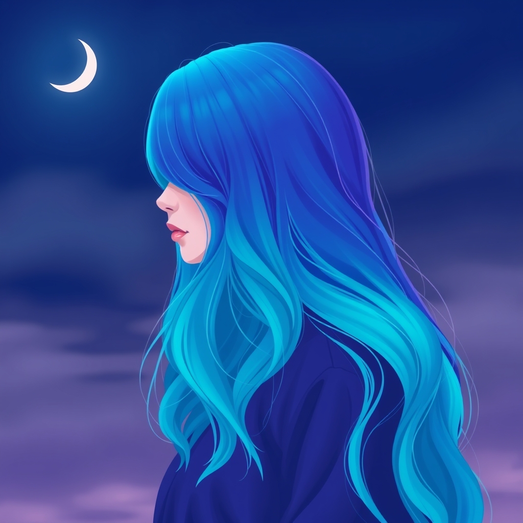 The image depicts a person with long, wavy hair styled with a gradient color scheme of blue and purple. The background features a crescent moon, creating a serene and somewhat mystical atmosphere. The image depicts a person with long, wavy hair styled with a gradient color scheme of blue and purple. The background features a crescent moon, creating a serene and somewhat mystical atmosphere.1