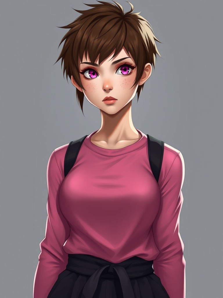 دختری خوشگل اما قوی و قد بلند و عضله دار با بدنی خوش فرم موهای کوتاه و چتری و یک خال در زیر لبو در سمت راست زیر چشمش یک خال و صورتش چند تا کک و مک دارد رنگ چشماش صورتی رنگ موهاش قهوه ای یه نیم تنه ورزشی صورتی رنگ و یک شلوار رزمی پوشیده و جلیقه سیاه در تن دارد او زیباست موهاش کوتاه و بازه0