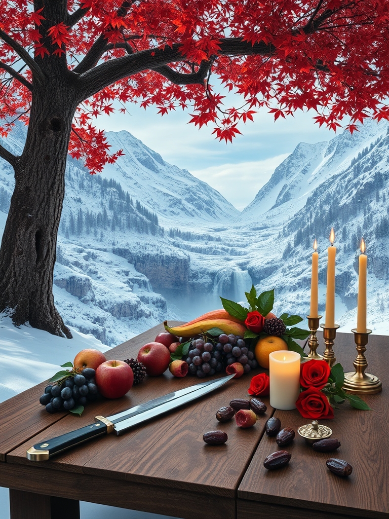 عکس کوه یخ زده آلتای در زمستان با آبشار های روان زیر یک درخت بزرگ افرای سرخ یک میز چوبی با خنجر شمشیر میوه گل سرخ شمع سیب انگور انار خرما
22
