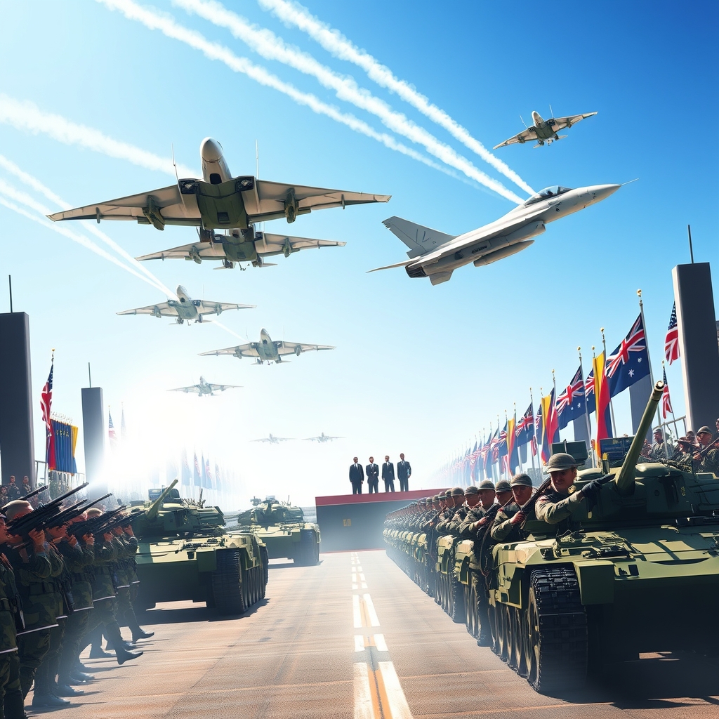 رژه ارتش استرالیا و بلژیک با پرچم با کلی تجهیزات اسلحه و تانک و جت در کنار دو رئیس جمهور 3