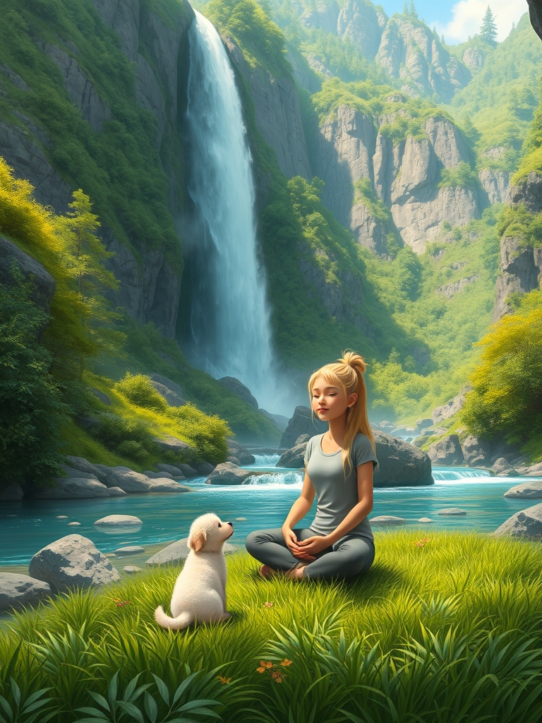 یه منطقه ی بکر و سرسبز با صخره های سنگی که از بالای یکی از صخره ها ابشاری روانه و در پایین ابشار به یه رود میرسه و کنار رود یه دختر جوان ۲۵ ساله که موهای بلوند بلندش رو دم اسبی بسته و با تیشرت و شلوار روی چمن ها چهارزانو نشسته و مدیتیشن میکنه و توله سگ خوشگل و بامزه اش که رنگش سفیده هم کنارش روی چمن نشسته 16