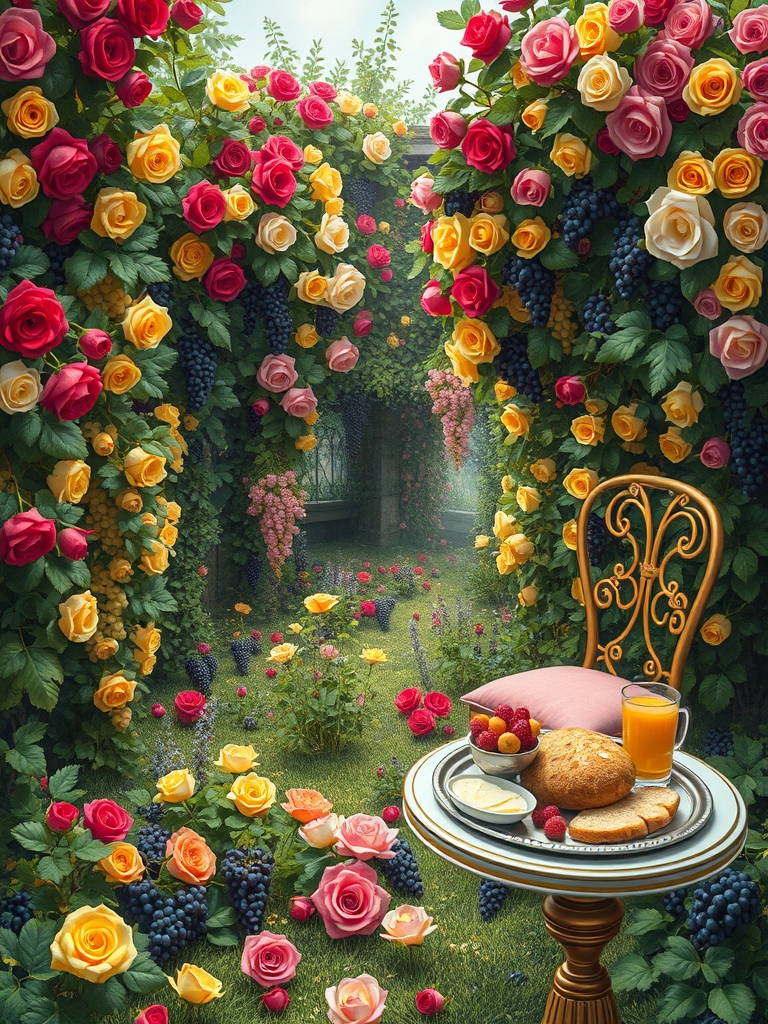 باغ گل سرخ پر درختان خوشه انگور و گل سرخ زمین پر خوشه های انگور در رنگ های سرخ زرد سفید سیاه زمین هم پر گل سرخ و خوشه انگور با یک میز طلایی و مبلمان تک نفره طلایی با کوسن های صورتی و سینی نقره پر نان کره خامه عسل میوه شیر7