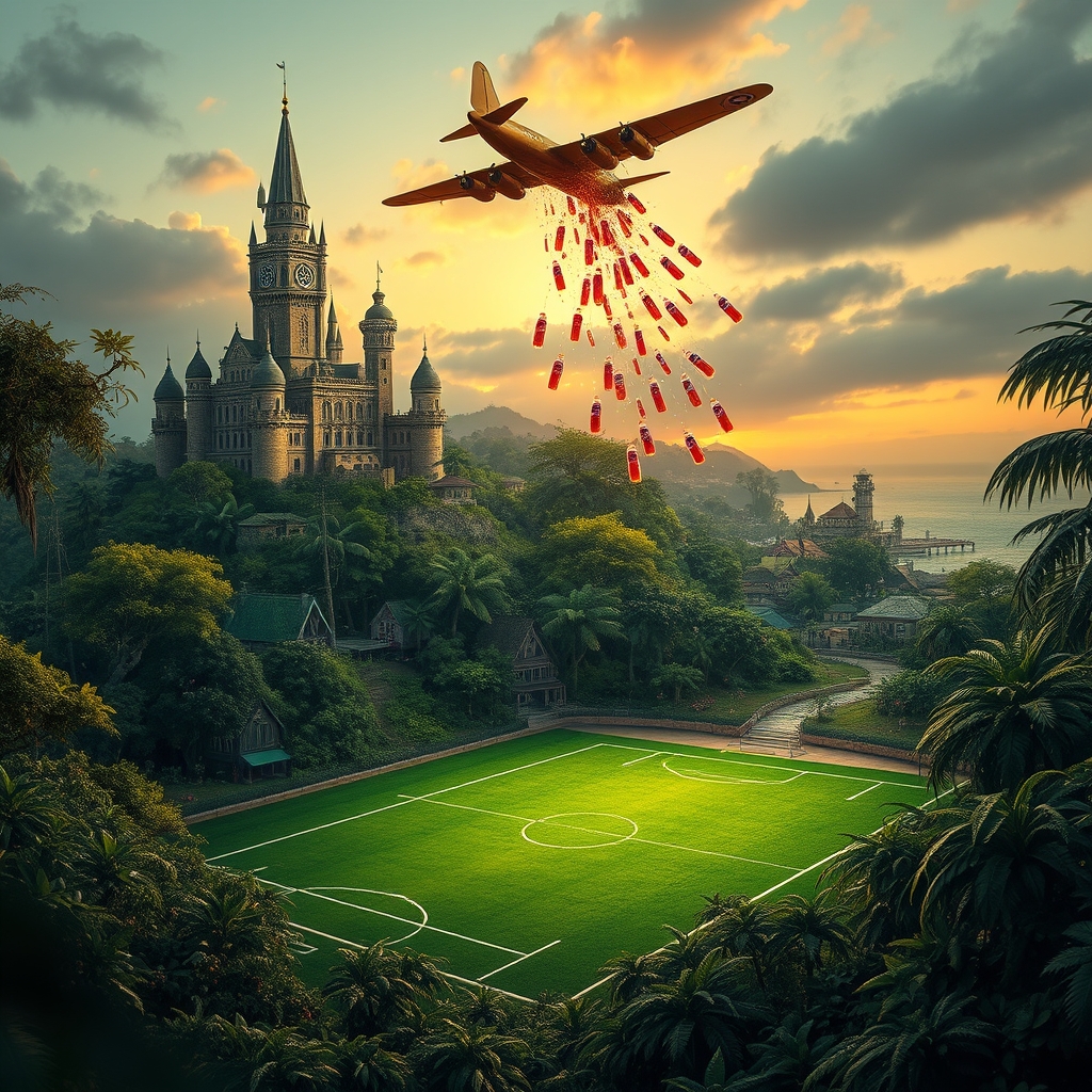 یک قصر زیبا در جنگل متروکه با یک روستایه ساحلی در کنارش با بمب افکن در حال ریختن بطری های نوشابه ی پپسی و یک زمین فوتبال در وسط جنگل های کاکائو
3