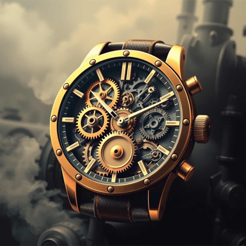 یک ساعت استیمپانک با چرخدندههای نمایان، در پسزمینهای مکانیکی و دودی.4
