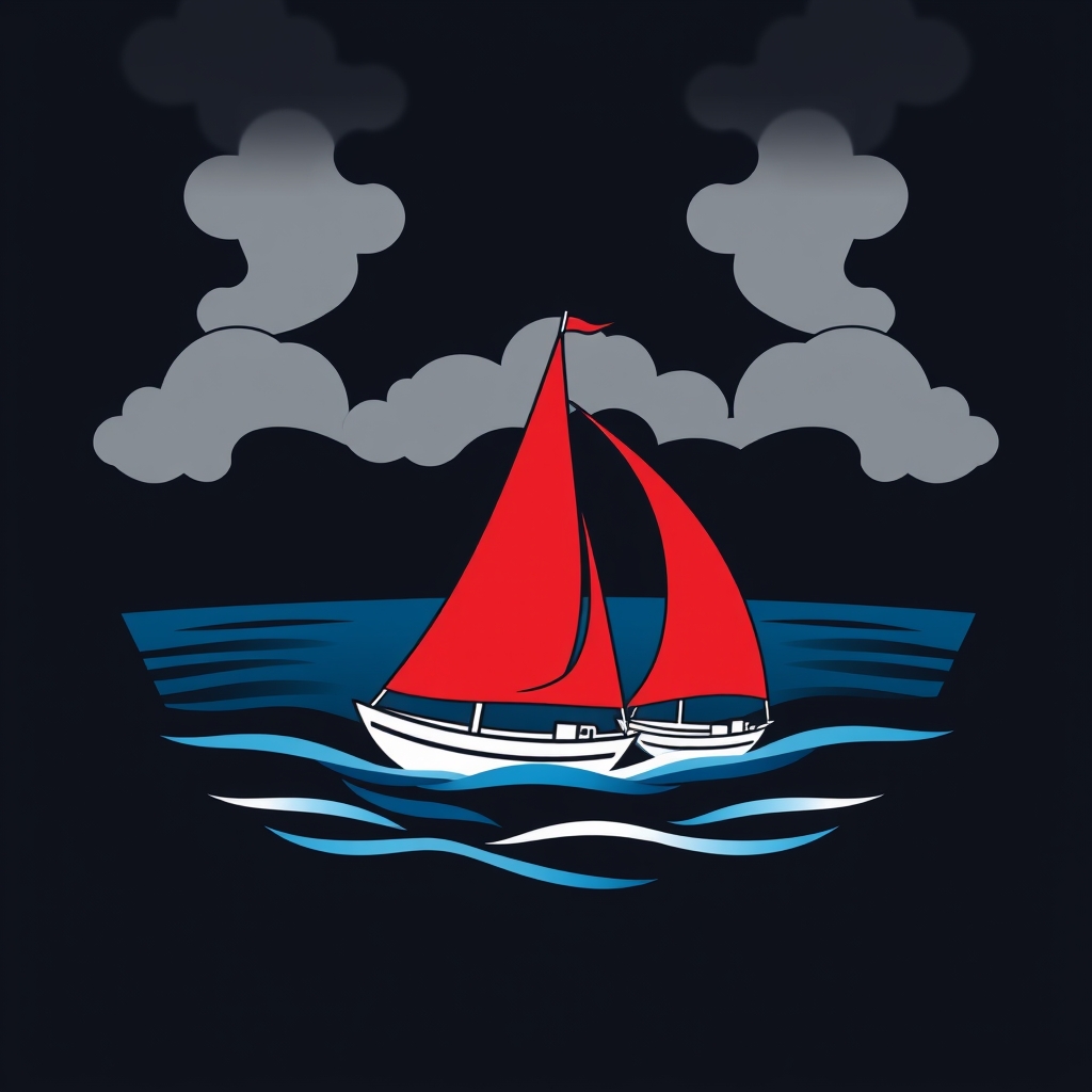 The image is an abstract painting featuring two sailboats with red sails sailing on a dark blue ocean under a cloudy, dark sky. The overall mood is dramatic and moody.3