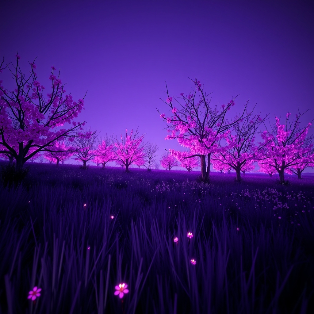 عکس طبیعت رو تولید کن و شب است و آسمون بنفش تیره رنگ باشه و چمن اونجا بنفش پررنگ باشه و درخت هایی اونجا باشن که برگ ندارن ولی به جاش کلی شکوفه های صورتی رنگ داشته باشه 
گل های روی درخت و چمن یه حالت فلور سنت داشته باشه و از خودشون نور ساتع میکنن0