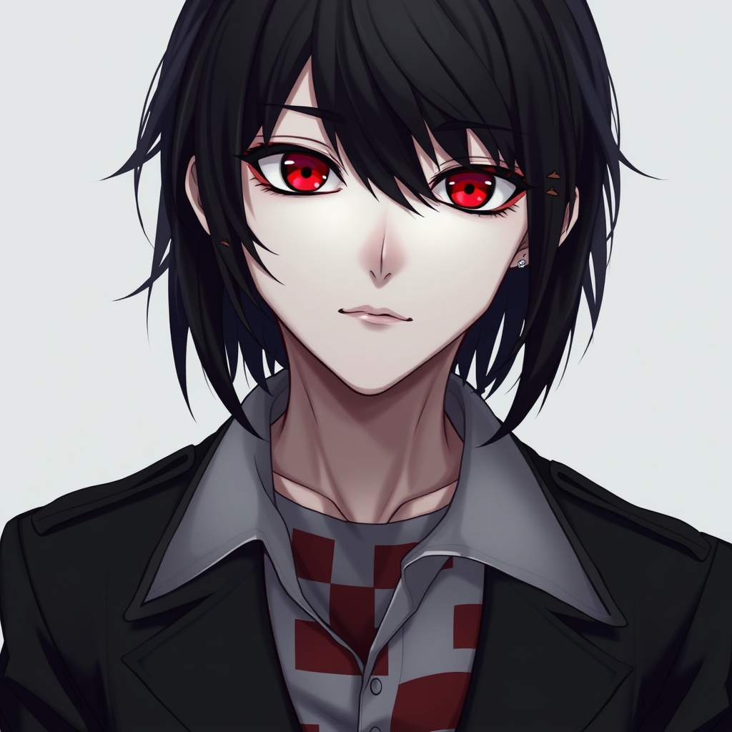 به پسر گنگ جذاب خوناشام که موهاش اومده تو چشمش و فقط عنبیه چشماش معلومه که اونا رنگ خونن رو یه وره بینیش و رو گوشاش ۳ تا پرسینگ داره قدش بلنده انگار ۱۸ سالشه و داره لب خند میزنه اما دهنش بستس لبش به پرسینگ داره که ۲ تاست و سمت چپ لبش و سمت رایت لبش هست و انگار خطی هست و مو هاش مشکی هست و یه لباس ماینکرافتی سفید قرمز با یه کت و شلوار کارگو مشکی خیلی خیلی خیلی خیلی خیلی گنگ و جذابه و مرموز باشه و صورتش سفید باشه و فقط گرد نباشه 21