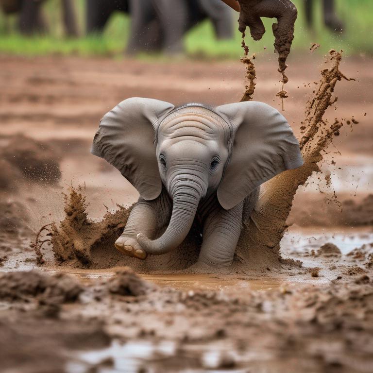 فیل نوزاد بامزه‌ای که در گل و لای بازی می‌کند18